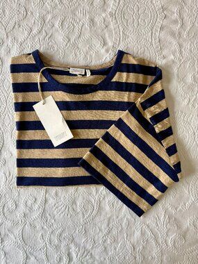 Toast Bold Stripe Cotton Boxy Tee in Blue/Sand - Sz. Small - Brand New with Tags